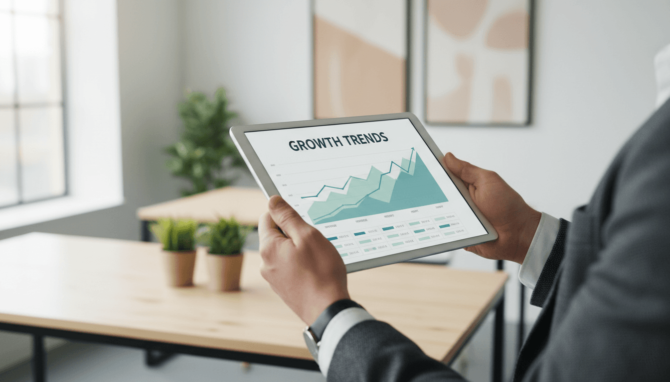 Hands holding tablet with financial growth chart