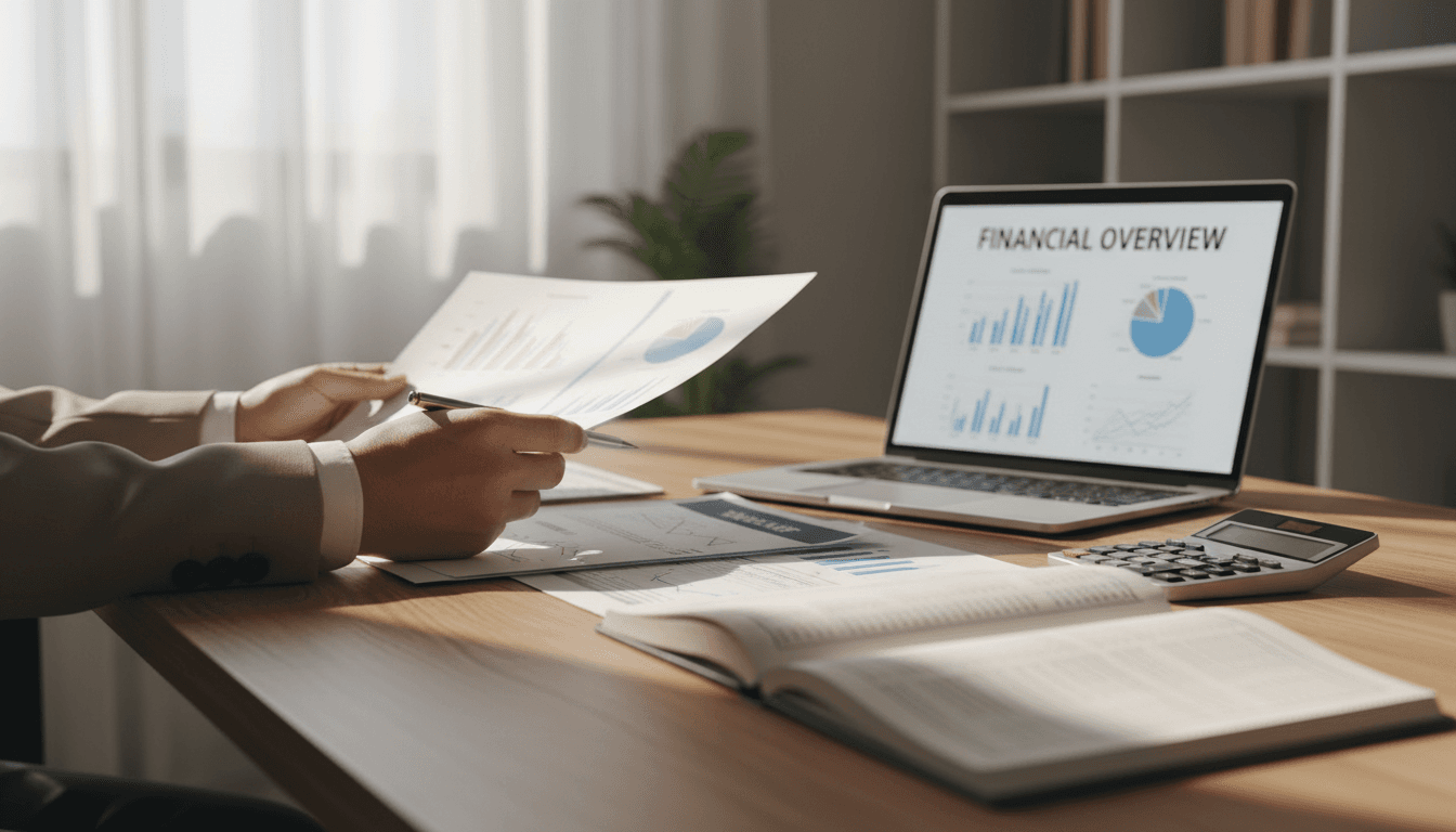 Professional accountant reviewing financial documents and forecasts at a wooden desk with clear lighting