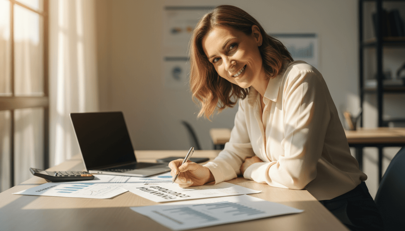Professional accountant reviewing financial documents with a confident smile