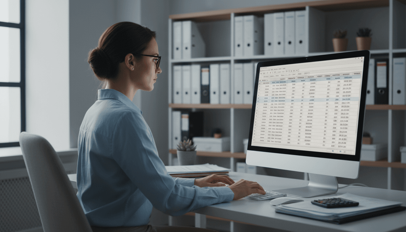 Bookkeeper organizing financial records in accounting software