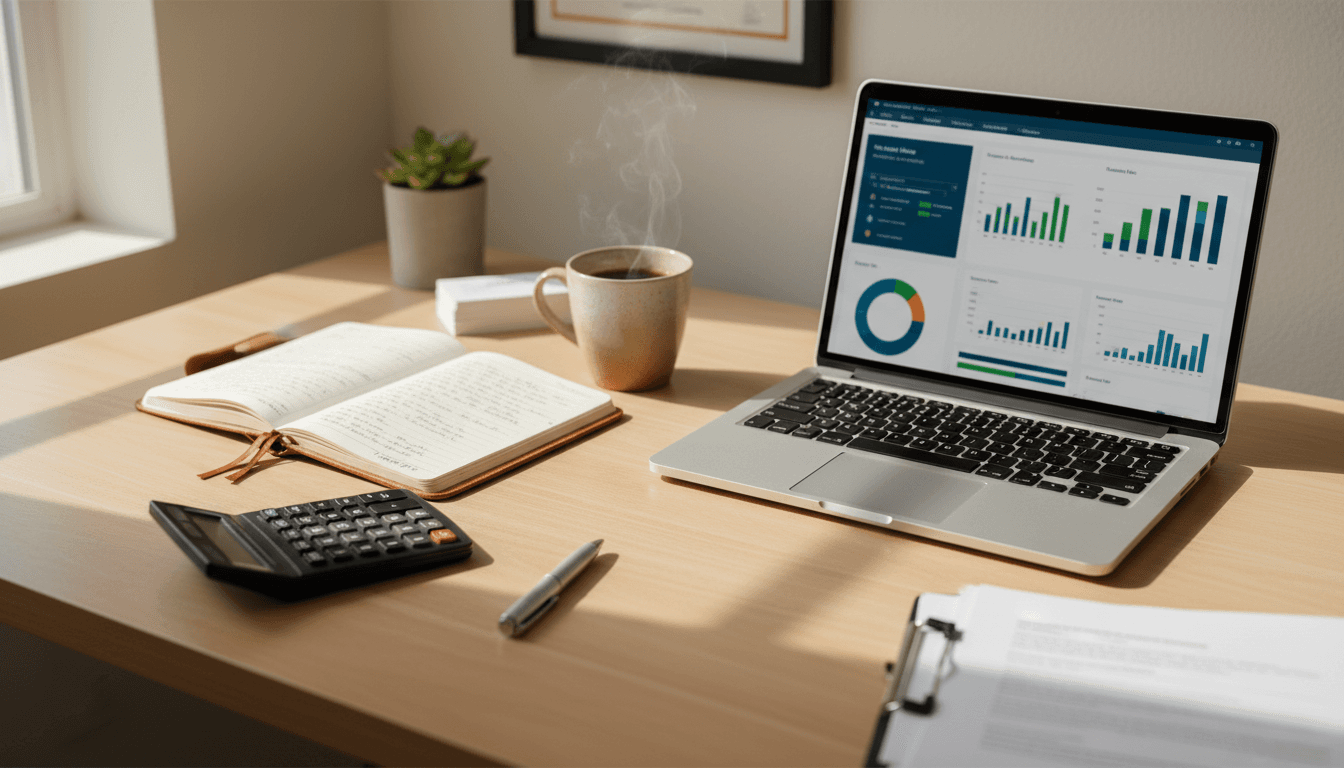 Small business owner reviewing financial dashboards on laptop