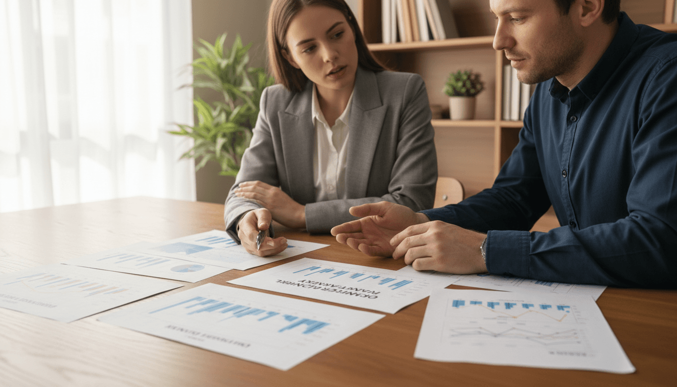 Business owner and accountant reviewing trend analysis together