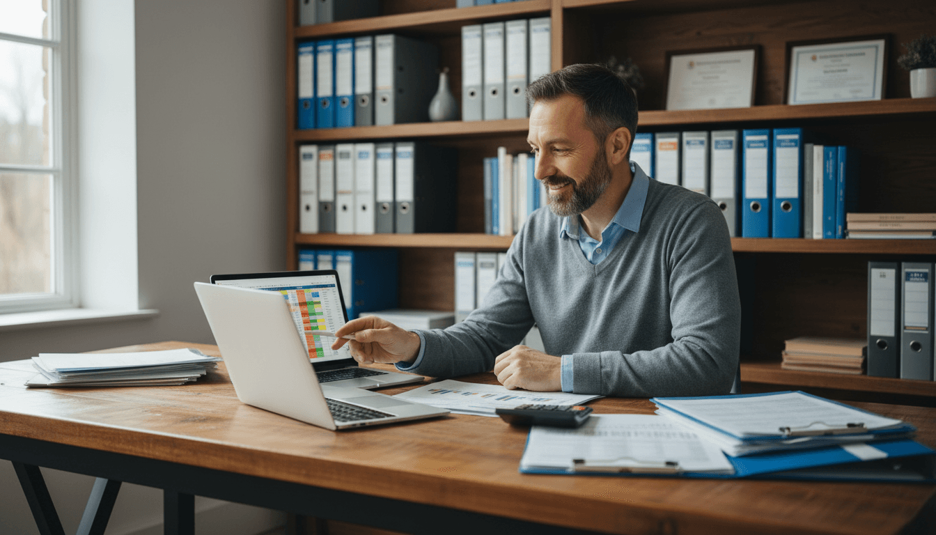 Jason Goble, founder of Prediction Accounting, reviewing financial data at his desk