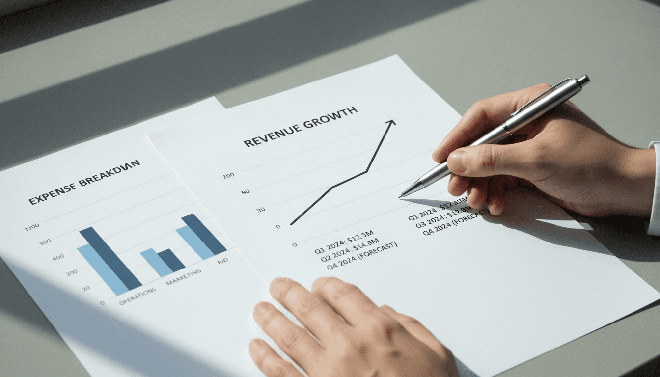 Hands reviewing detailed financial statements and forecasting charts