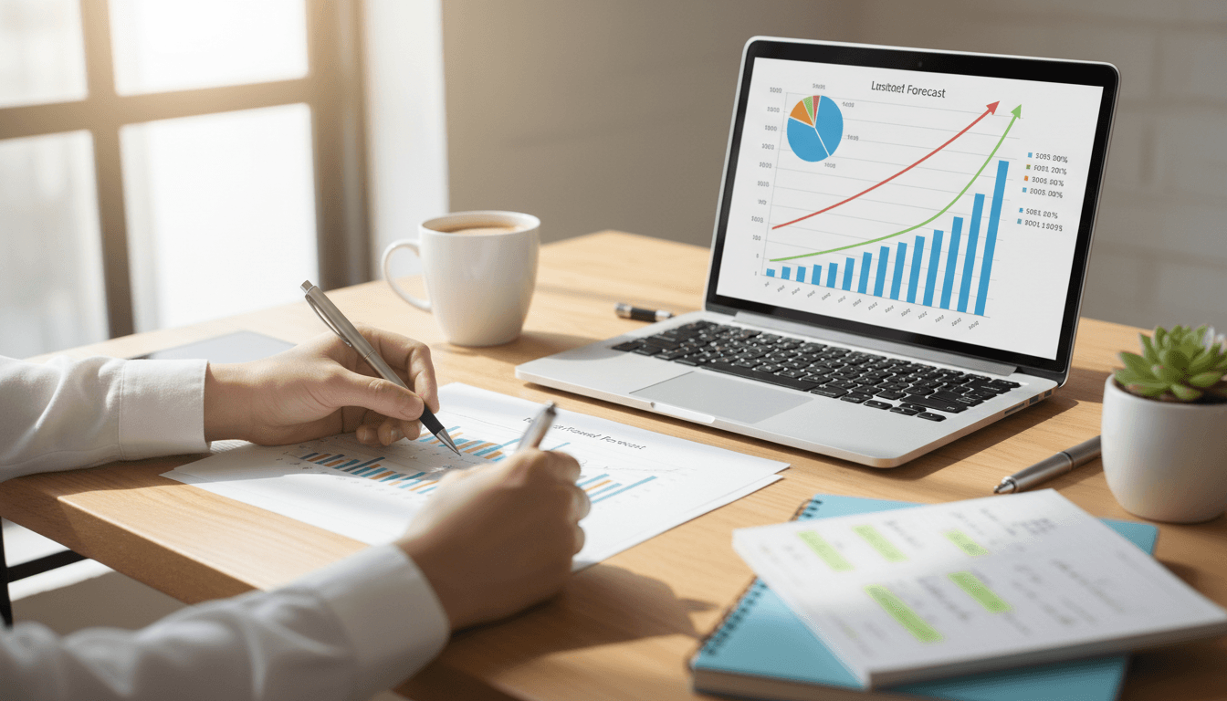 Hand writing financial forecasts with laptop showing growth charts