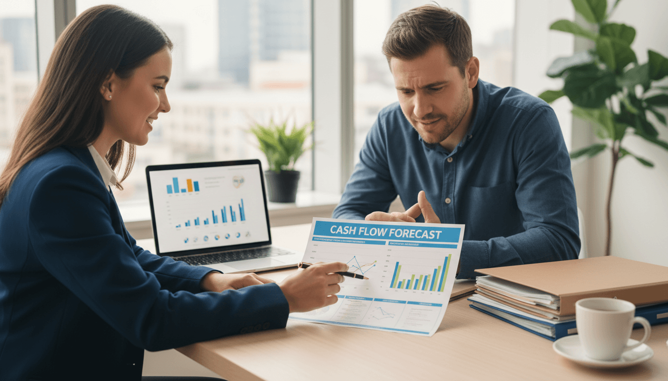 Financial advisor and small business owner reviewing cash flow forecast together at a wooden desk with financial documents
