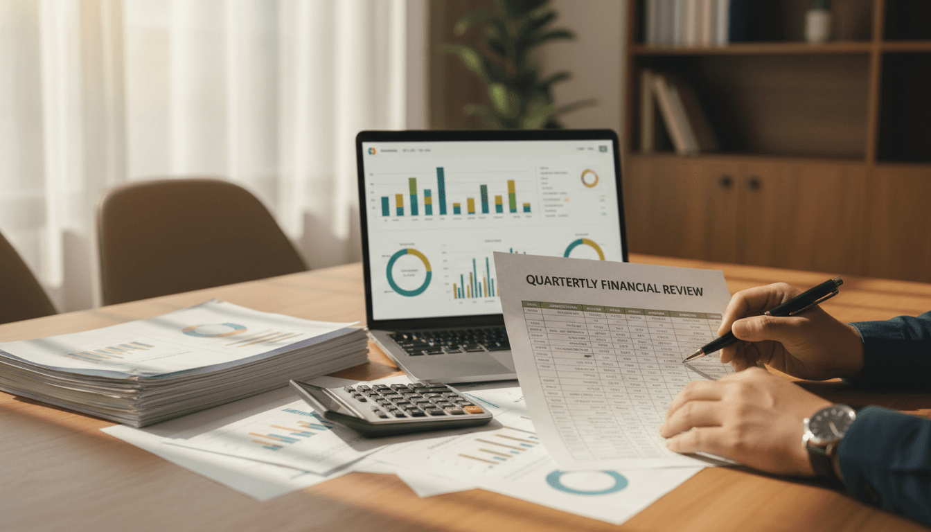 Business owner reviewing financial documents and forecasting reports at a desk