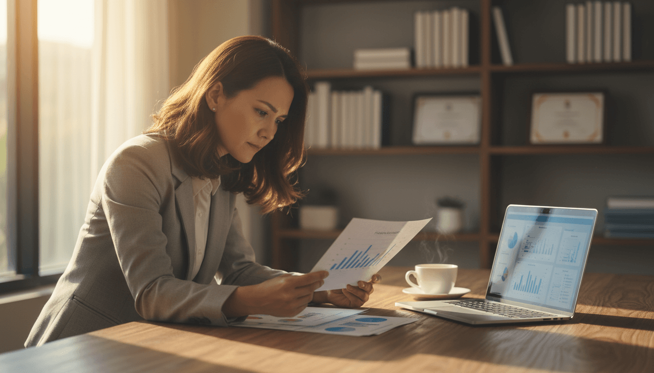 Business owner reviewing financial forecast report at desk